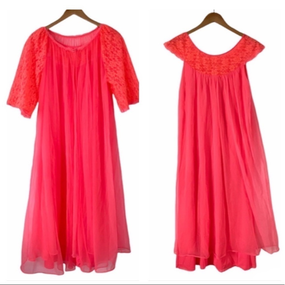 Vintage 50s Peignoir Set Nightgown Lingerie Nighty Sheer Pink Nylon Womens Large